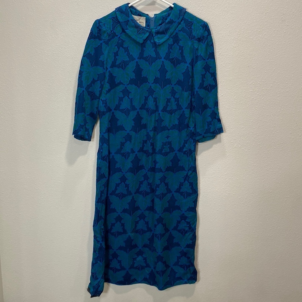 Jean Lang vintage dress leaf print blue